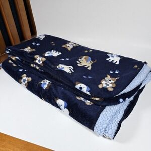 Garanimals Puppy Dog Bear Soccer Ball Baby Blanket Navy Blue Sherpa Fleece 28x35